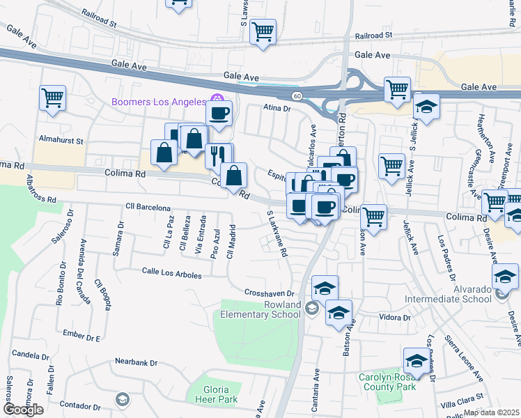 map of restaurants, bars, coffee shops, grocery stores, and more near 1840 Pavas Court in Rowland Heights