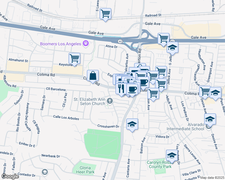 map of restaurants, bars, coffee shops, grocery stores, and more near 18118 Colima Road in Rowland Heights