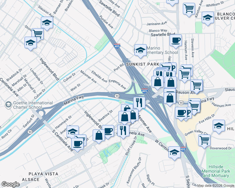 map of restaurants, bars, coffee shops, grocery stores, and more near 5399 Etheldo Avenue in Culver City