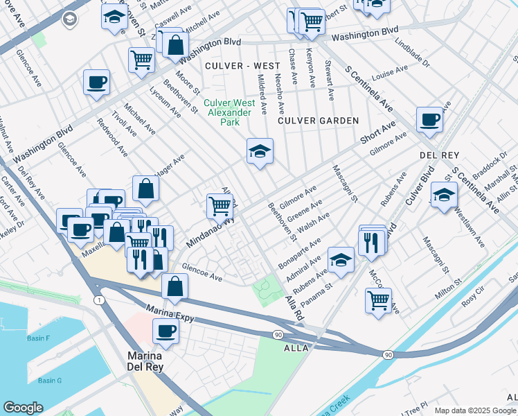 map of restaurants, bars, coffee shops, grocery stores, and more near 4375 Lyceum Avenue in Los Angeles