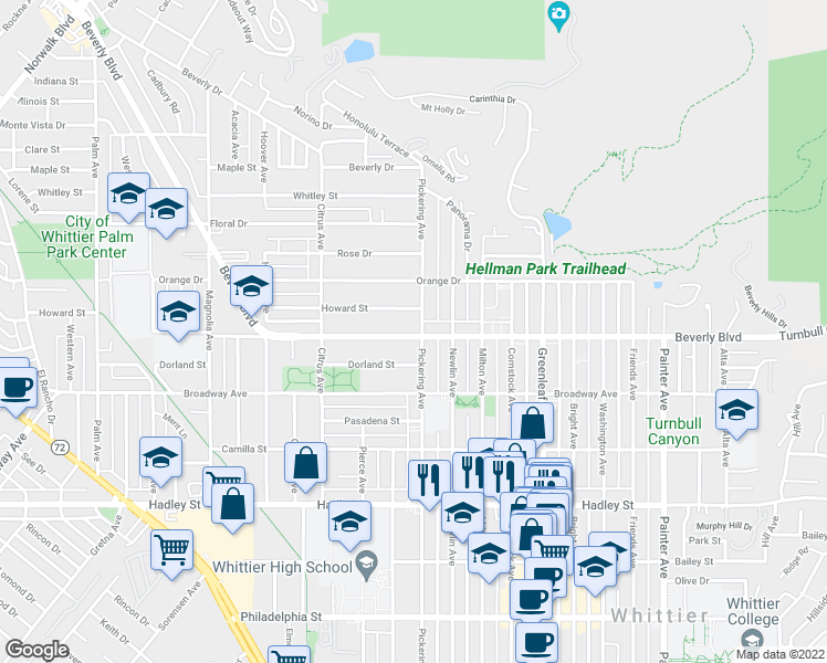 map of restaurants, bars, coffee shops, grocery stores, and more near 12525 Beverly Boulevard in Whittier