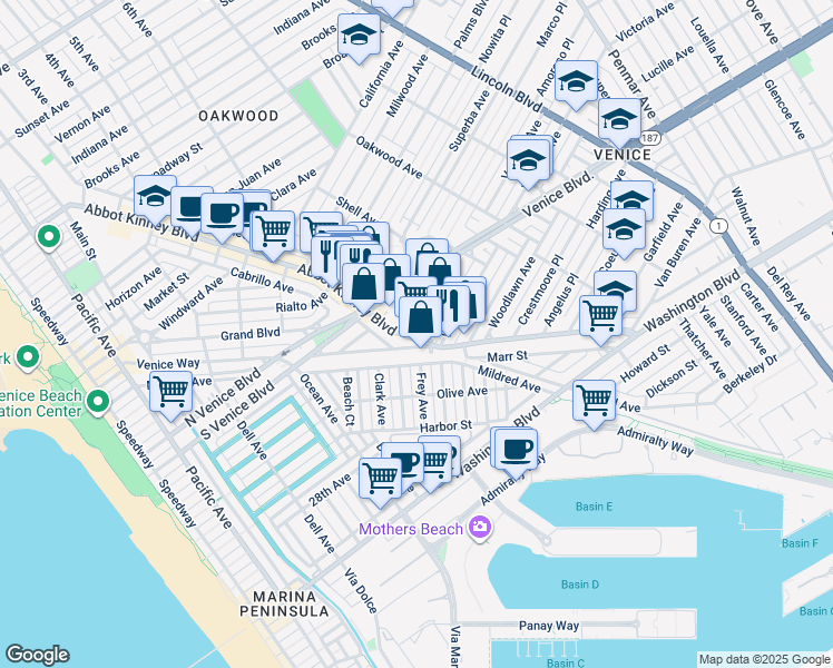 map of restaurants, bars, coffee shops, grocery stores, and more near 1735 Abbot Kinney Boulevard in Los Angeles