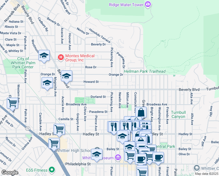 map of restaurants, bars, coffee shops, grocery stores, and more near 12525 Beverly Boulevard in Whittier