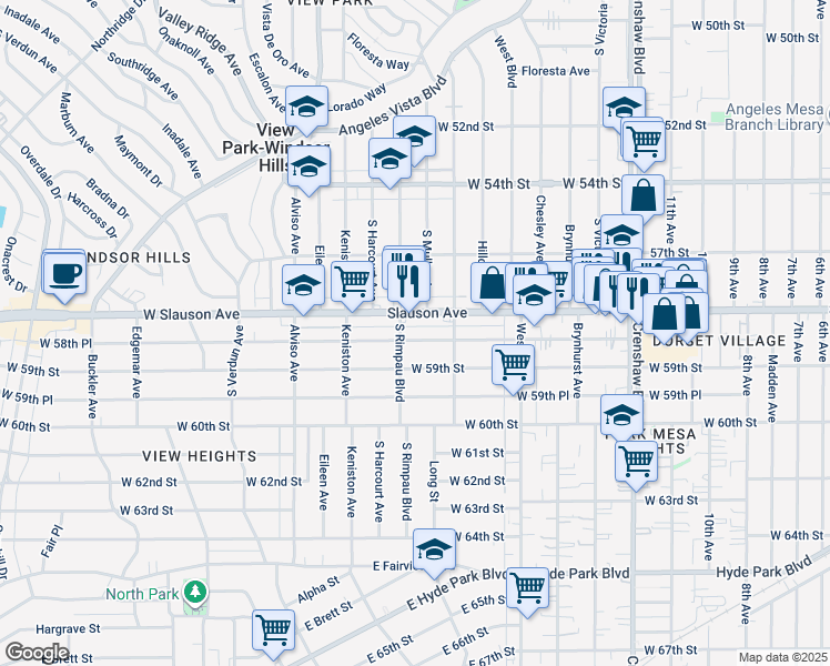 map of restaurants, bars, coffee shops, grocery stores, and more near 3741 West 58th Place in Los Angeles