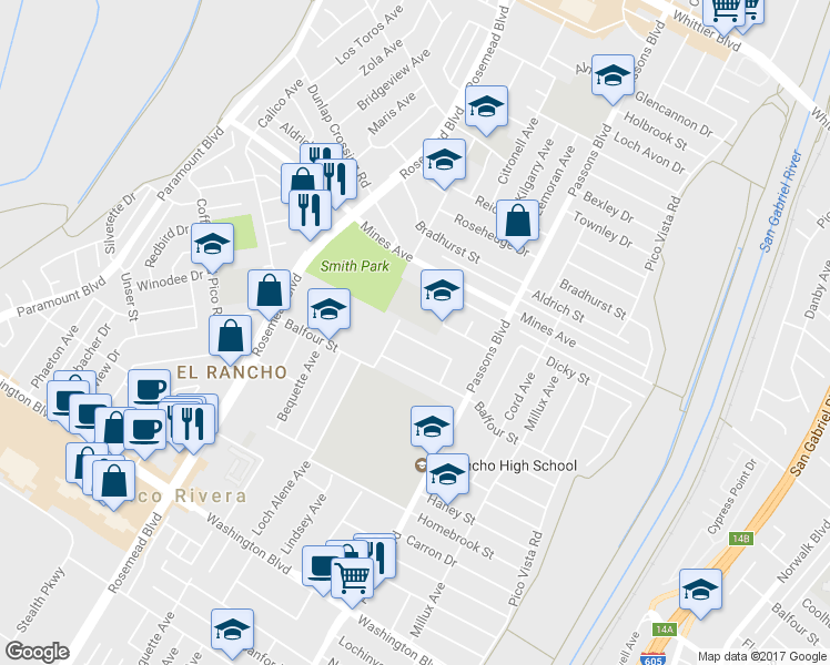 map of restaurants, bars, coffee shops, grocery stores, and more near 9217 Coolhurst Drive in Pico Rivera