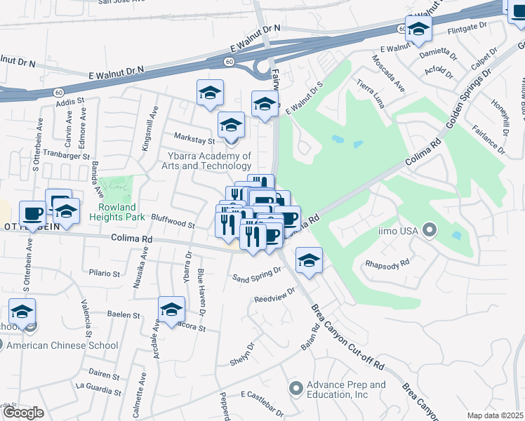 map of restaurants, bars, coffee shops, grocery stores, and more near 1527 Hallgreen Drive in Walnut