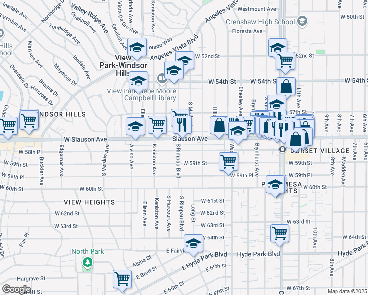 map of restaurants, bars, coffee shops, grocery stores, and more near 3745 West 58th Place in Los Angeles