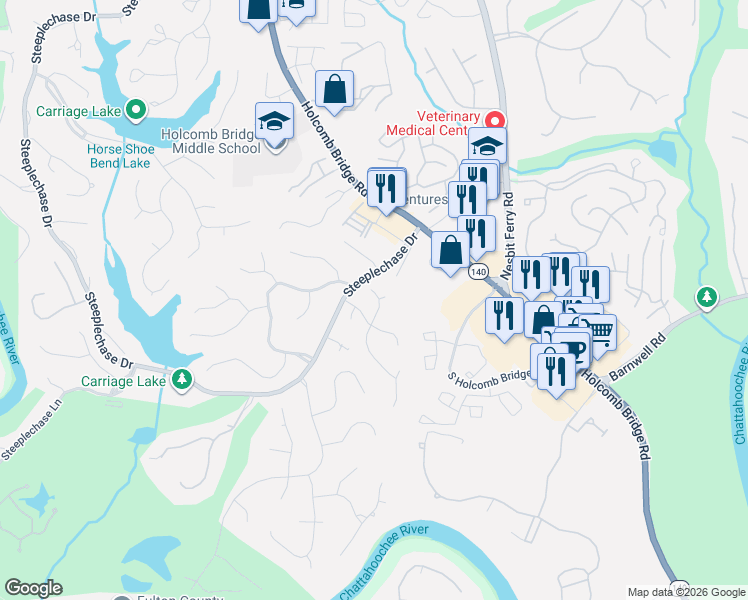 map of restaurants, bars, coffee shops, grocery stores, and more near 8540 Edwardton Drive in Roswell