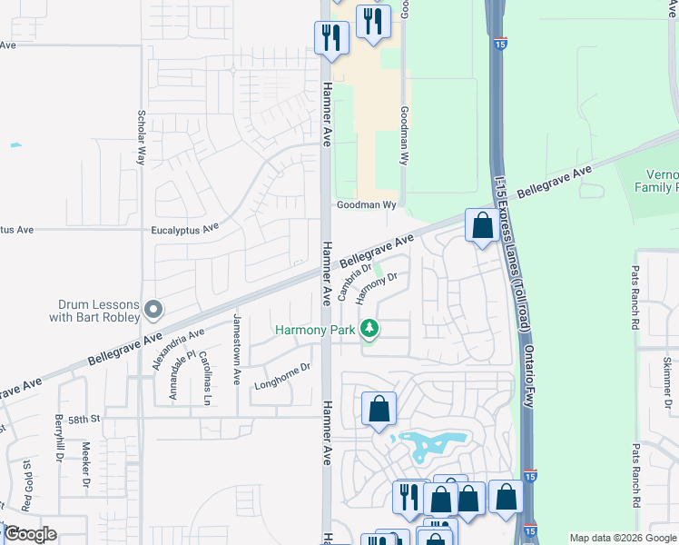 map of restaurants, bars, coffee shops, grocery stores, and more near 12584 Lucky Court in Eastvale