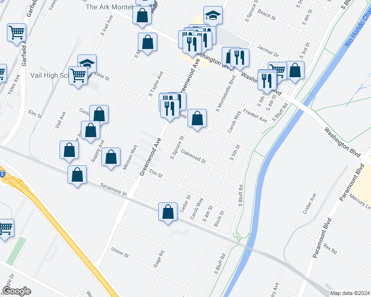 map of restaurants, bars, coffee shops, grocery stores, and more near 820 Oakwood Street in Montebello