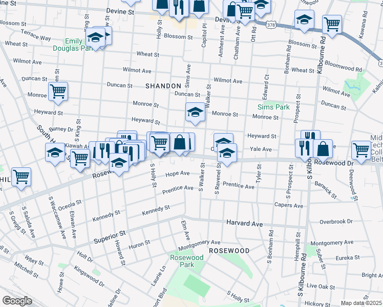 map of restaurants, bars, coffee shops, grocery stores, and more near 3119 Rosewood Drive in Columbia