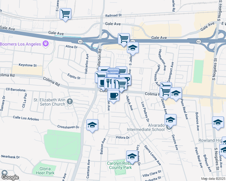 map of restaurants, bars, coffee shops, grocery stores, and more near 18411 Colima Rd in Rowland Heights