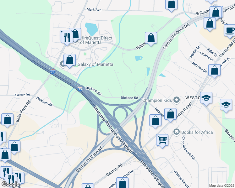 map of restaurants, bars, coffee shops, grocery stores, and more near 309 Dickson Road in Marietta
