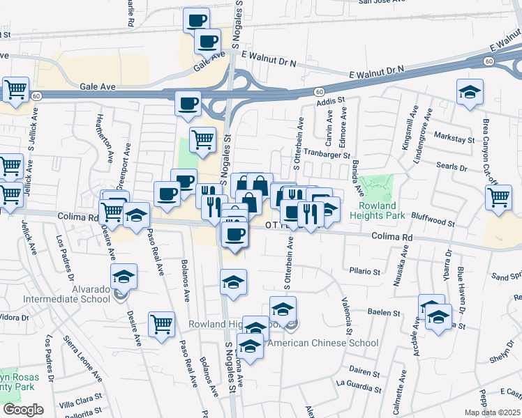 map of restaurants, bars, coffee shops, grocery stores, and more near 19071 Colima Road in Rowland Heights