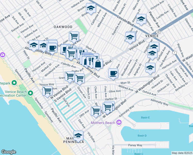map of restaurants, bars, coffee shops, grocery stores, and more near 572 Venice Boulevard in Los Angeles