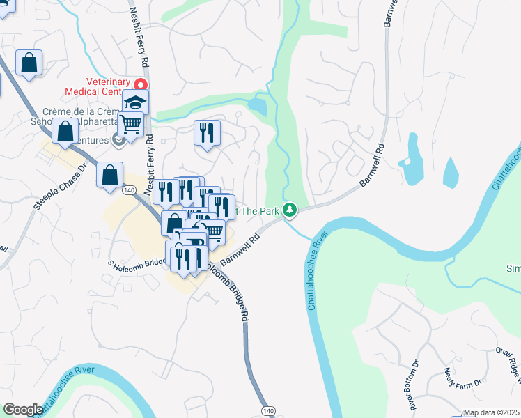 map of restaurants, bars, coffee shops, grocery stores, and more near 214 Saint Andrews Court in Alpharetta