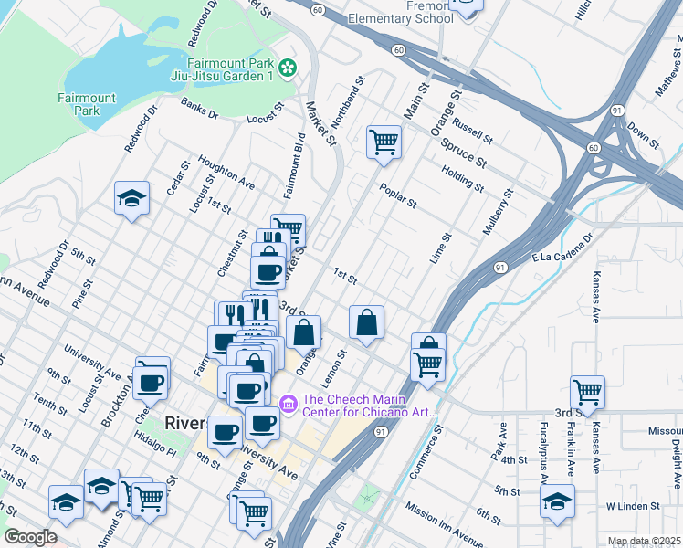 map of restaurants, bars, coffee shops, grocery stores, and more near 3628 1st Street in Riverside
