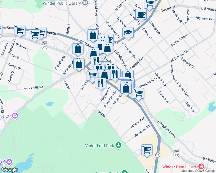 map of restaurants, bars, coffee shops, grocery stores, and more near 65 East May Street in Winder