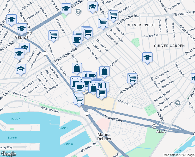 map of restaurants, bars, coffee shops, grocery stores, and more near 4224 Glencoe Avenue in Los Angeles