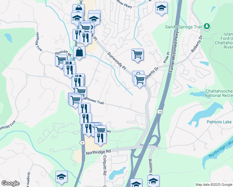 map of restaurants, bars, coffee shops, grocery stores, and more near 1260 Hightower Trail in Sandy Springs