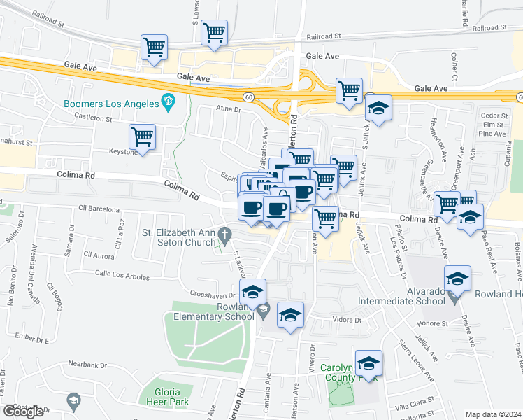 map of restaurants, bars, coffee shops, grocery stores, and more near 18190 Colima Road in Rowland Heights