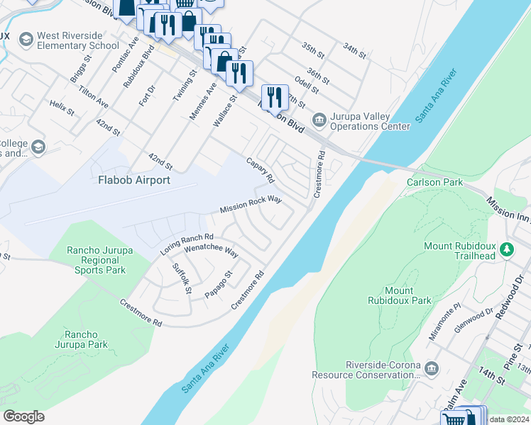 map of restaurants, bars, coffee shops, grocery stores, and more near 5191 Westerfield Street in Riverside