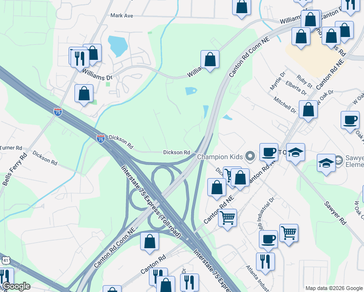 map of restaurants, bars, coffee shops, grocery stores, and more near 1533 Dickson Drive in Marietta