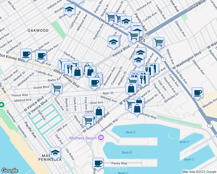 map of restaurants, bars, coffee shops, grocery stores, and more near 2422 Abbot Kinney Boulevard in Los Angeles