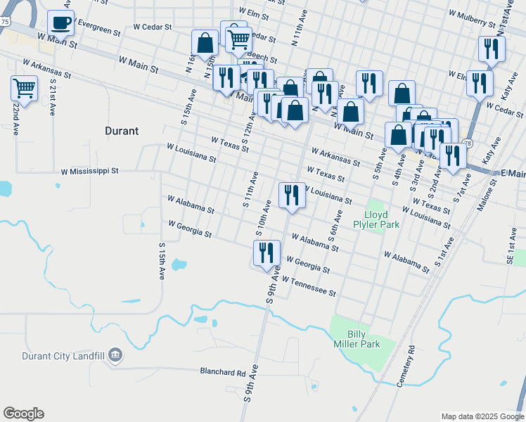 map of restaurants, bars, coffee shops, grocery stores, and more near 501 South 10th Avenue in Durant