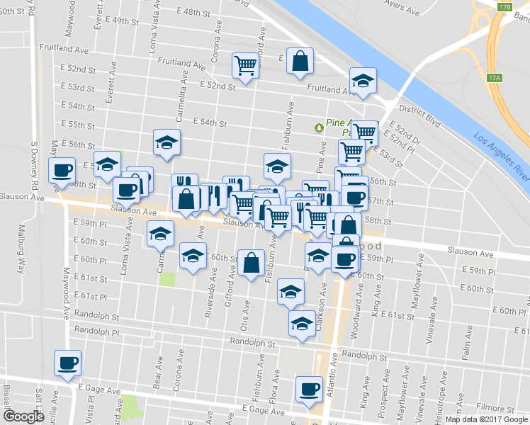 map of restaurants, bars, coffee shops, grocery stores, and more near 4212 East 58th Street in Maywood