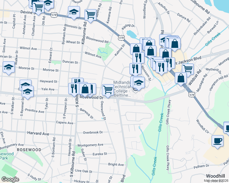 map of restaurants, bars, coffee shops, grocery stores, and more near 4049 Rosewood Drive in Columbia