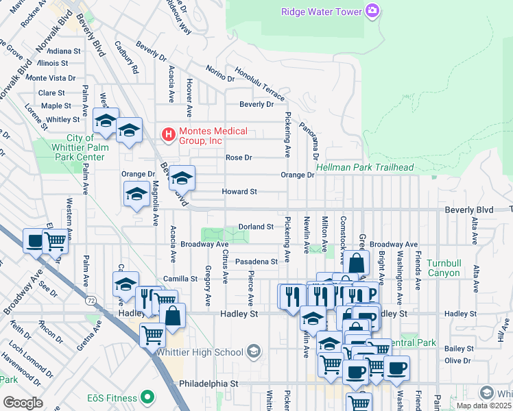 map of restaurants, bars, coffee shops, grocery stores, and more near 12407 Beverly Boulevard in Whittier