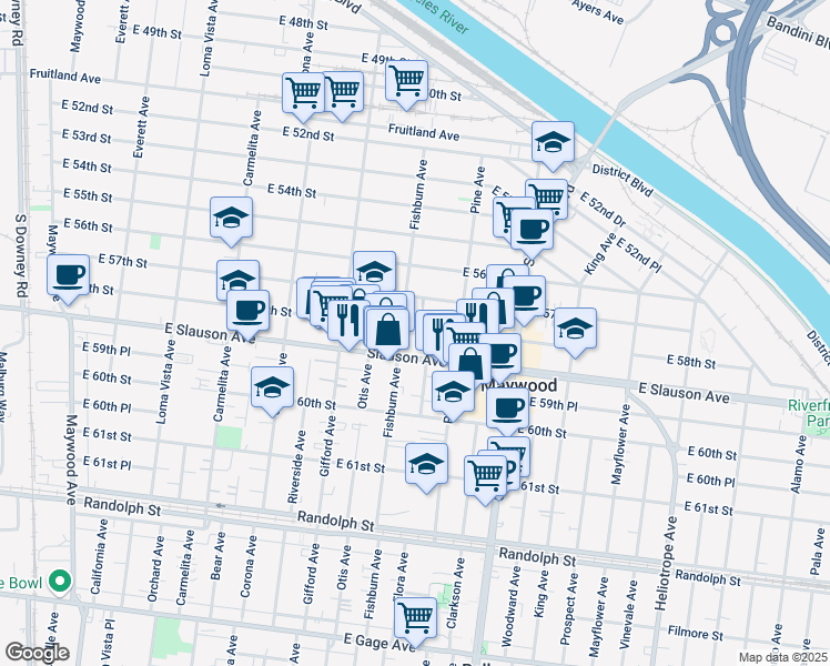 map of restaurants, bars, coffee shops, grocery stores, and more near 43281/2 East 58th Street in Maywood