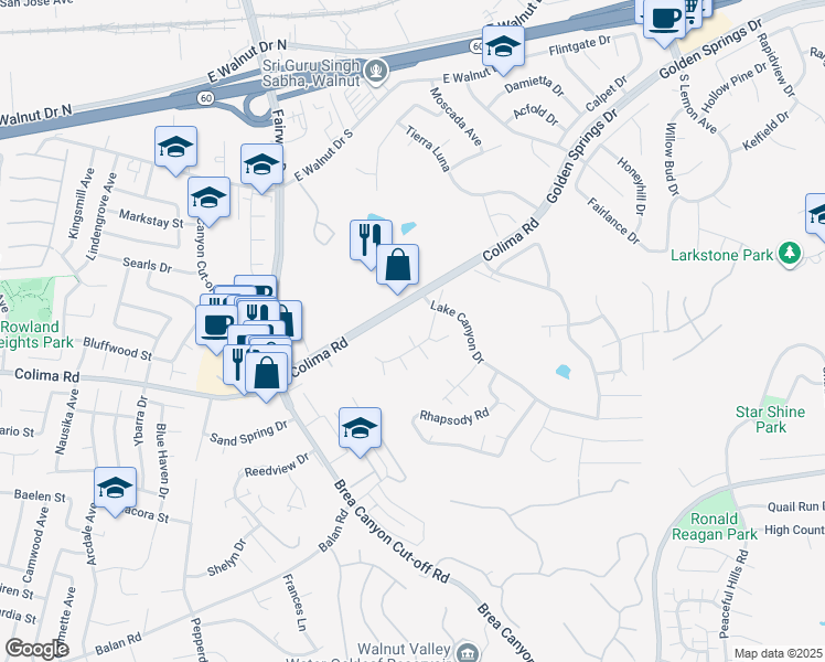 map of restaurants, bars, coffee shops, grocery stores, and more near 20065 Emerald Meadow Drive in Walnut
