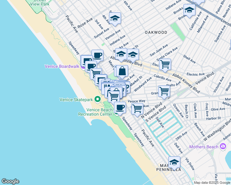map of restaurants, bars, coffee shops, grocery stores, and more near 85 Market Street in Los Angeles