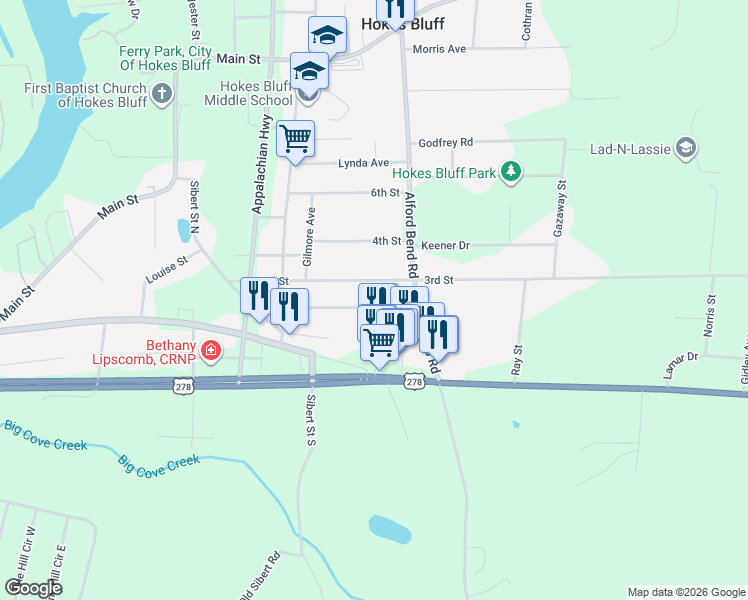 map of restaurants, bars, coffee shops, grocery stores, and more near 5606 2nd Street in Gadsden