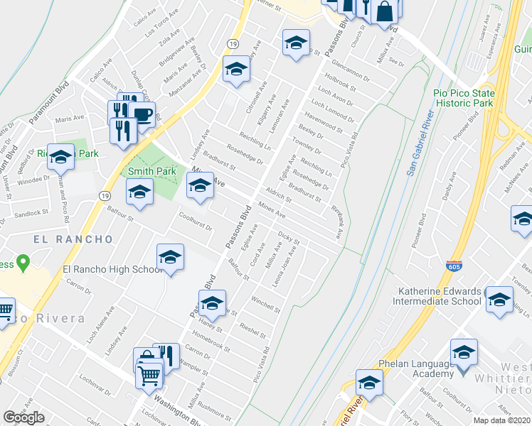 map of restaurants, bars, coffee shops, grocery stores, and more near 9430 Mines Avenue in Pico Rivera