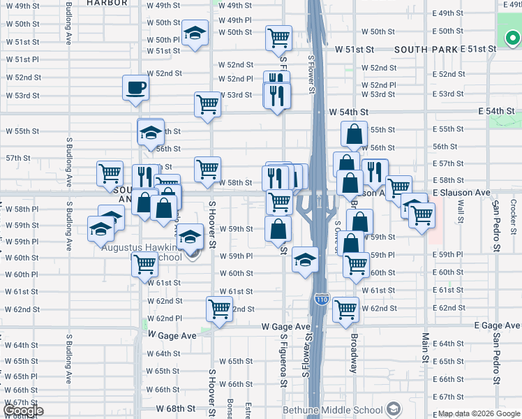 map of restaurants, bars, coffee shops, grocery stores, and more near 5845 1/2 Denver Avenue in Los Angeles
