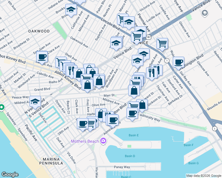 map of restaurants, bars, coffee shops, grocery stores, and more near 2500 Abbot Kinney Boulevard in Los Angeles