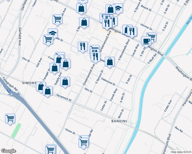 map of restaurants, bars, coffee shops, grocery stores, and more near 909 Oakwood Street in Montebello