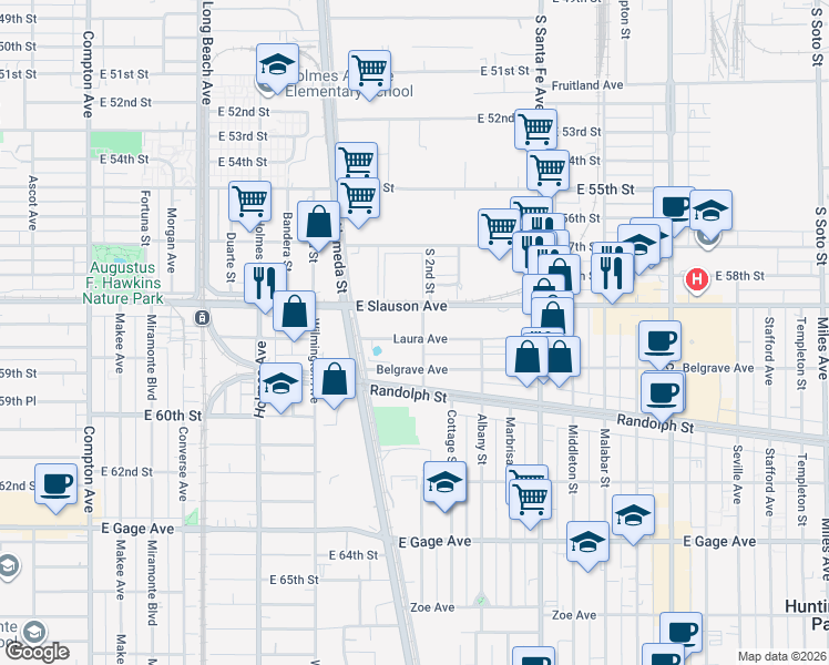map of restaurants, bars, coffee shops, grocery stores, and more near 2050 Slauson Avenue in Huntington Park