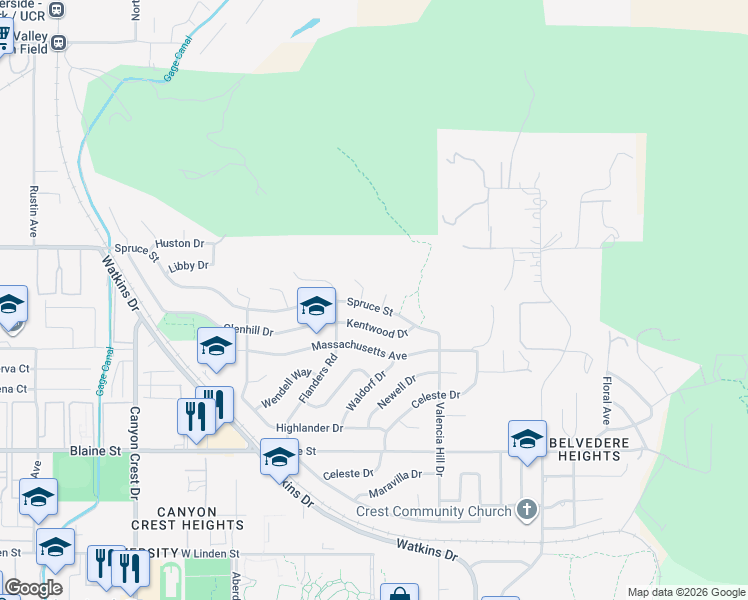 map of restaurants, bars, coffee shops, grocery stores, and more near 449 Spruce Street in Riverside