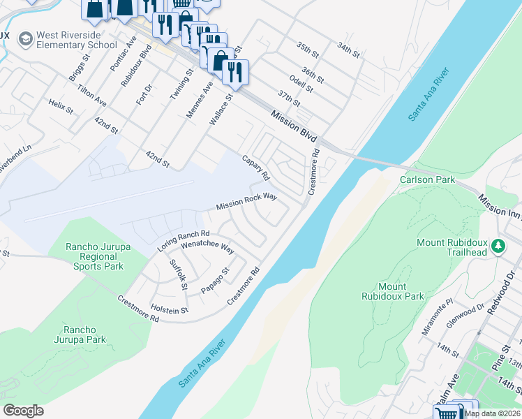 map of restaurants, bars, coffee shops, grocery stores, and more near 5191 Westerfield Street in Riverside