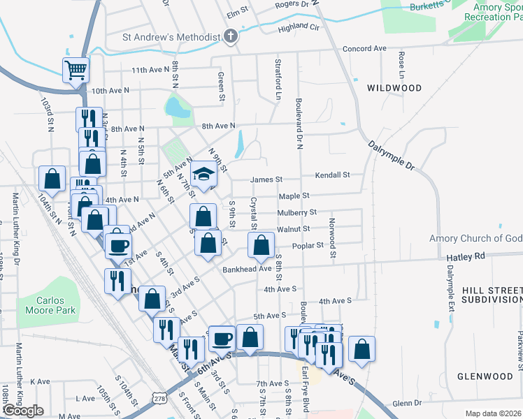 map of restaurants, bars, coffee shops, grocery stores, and more near 805 Mulberry Street in Amory