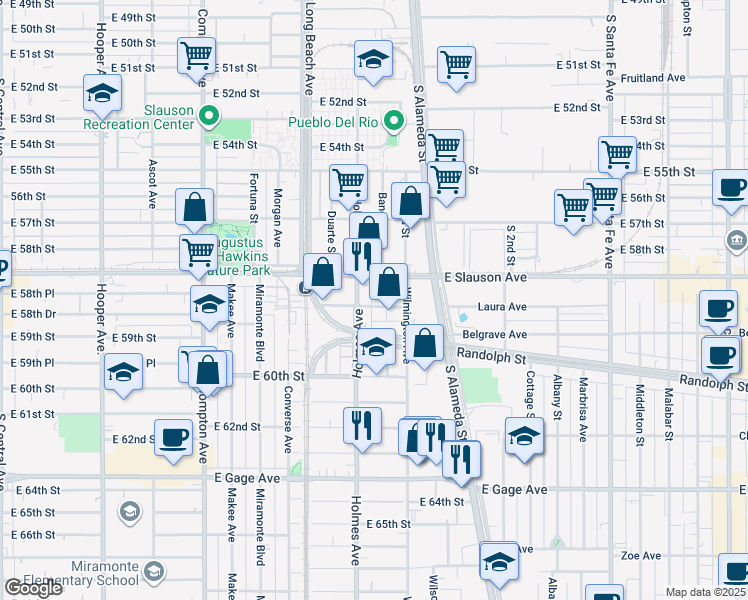 map of restaurants, bars, coffee shops, grocery stores, and more near 1819 East 58th Place in Los Angeles