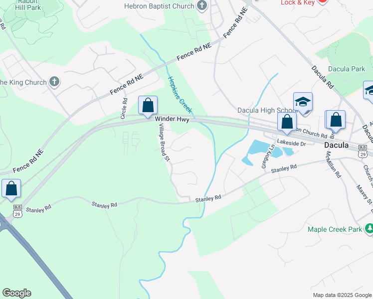 map of restaurants, bars, coffee shops, grocery stores, and more near 2359 Centenary Way Court in Dacula