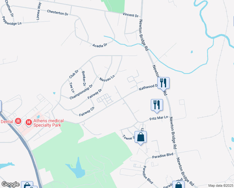 map of restaurants, bars, coffee shops, grocery stores, and more near 125 Cumberland Court in Athens