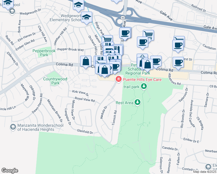 map of restaurants, bars, coffee shops, grocery stores, and more near 1905 South Azusa Avenue in Hacienda Heights