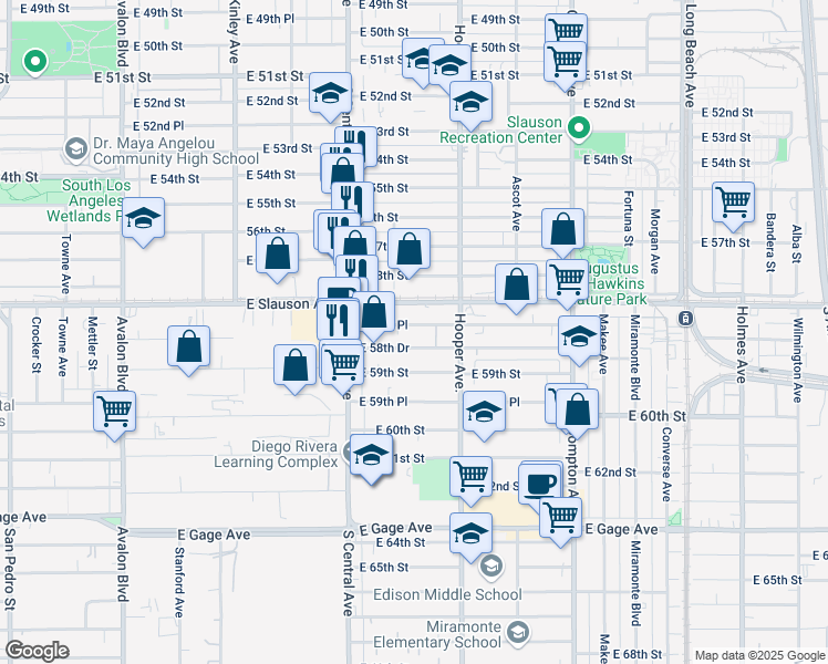 map of restaurants, bars, coffee shops, grocery stores, and more near 1174 E 58th Pl in Los Angeles