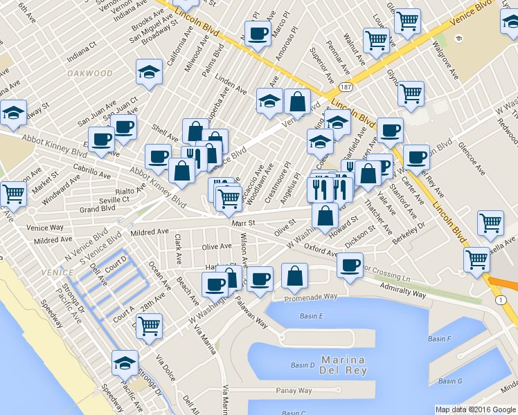 map of restaurants, bars, coffee shops, grocery stores, and more near 2422 Abbot Kinney Boulevard in Los Angeles